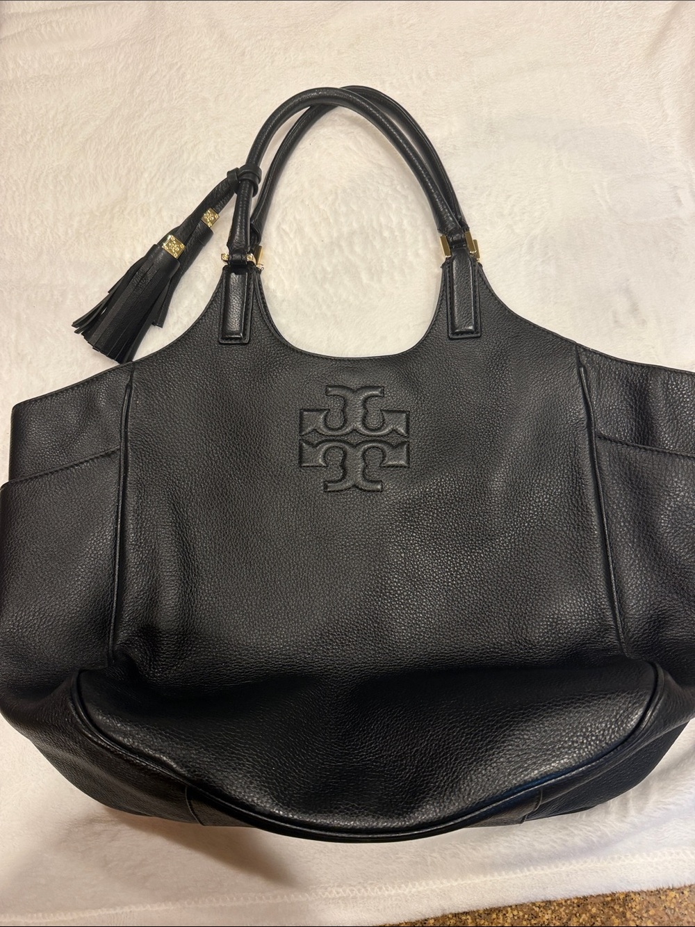 Tory Burch Black Pebbled Leather Tassel Tote